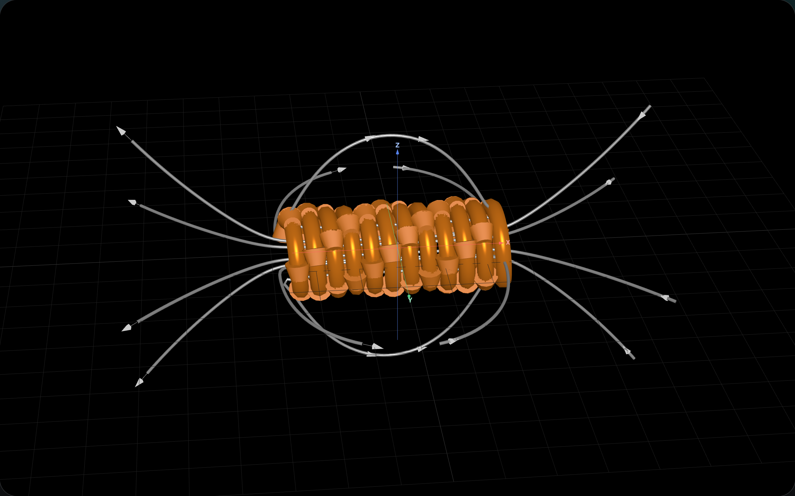 Solenoid in 3D with traced magnetic field lines passing through the interior and looping around the outside.