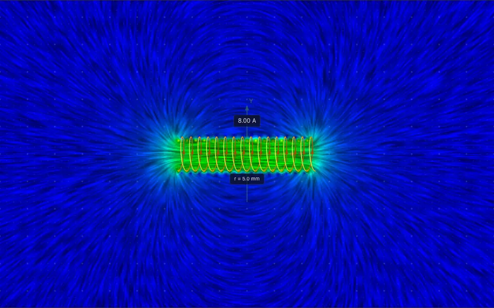 Long air-core solenoid with Linear Integral Convolution visualization — continuous field lines showing the near-uniform interior and sparse exterior.