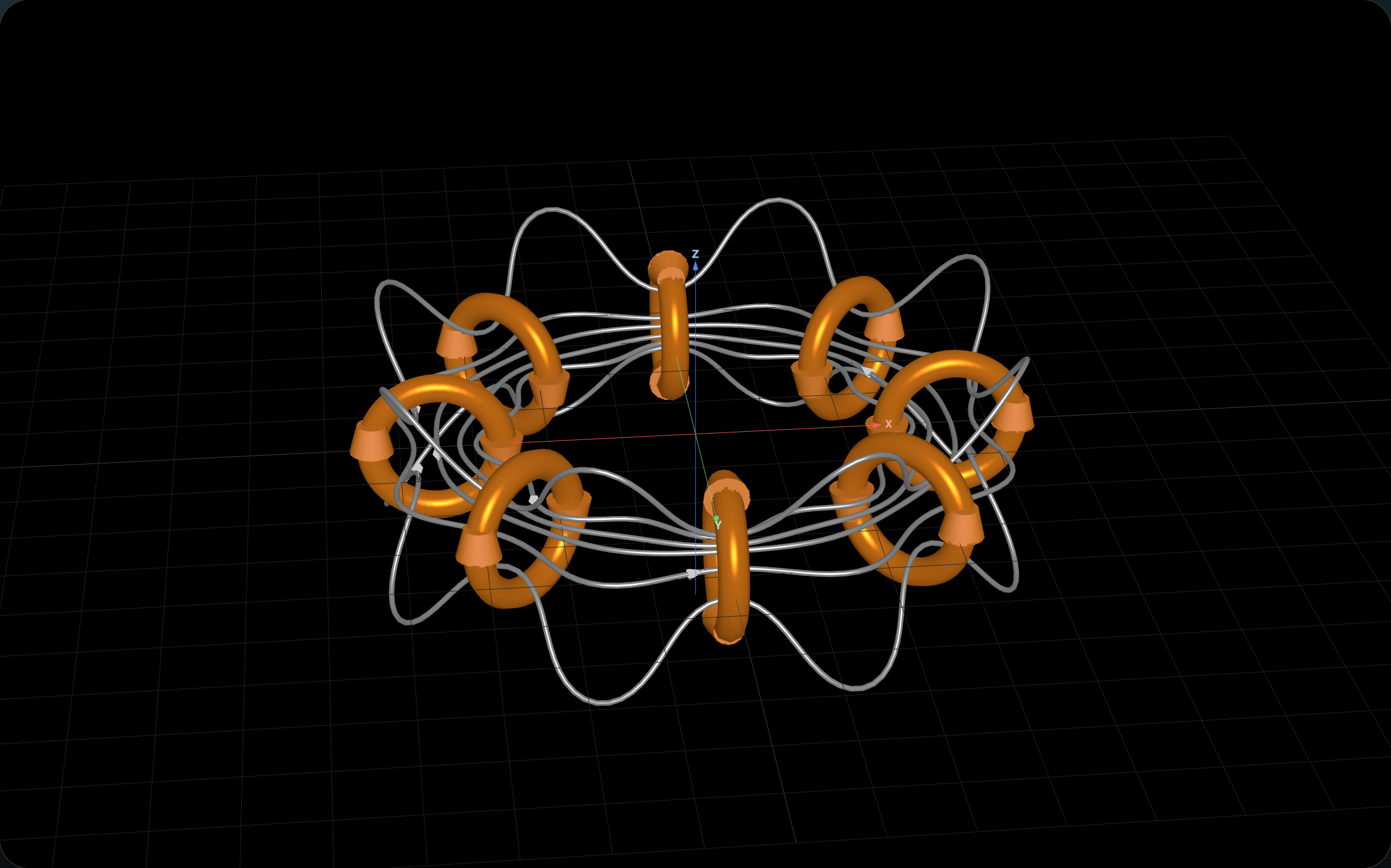 Toroidal coil — eight current loops arranged around a ring with field lines confined inside the torus.