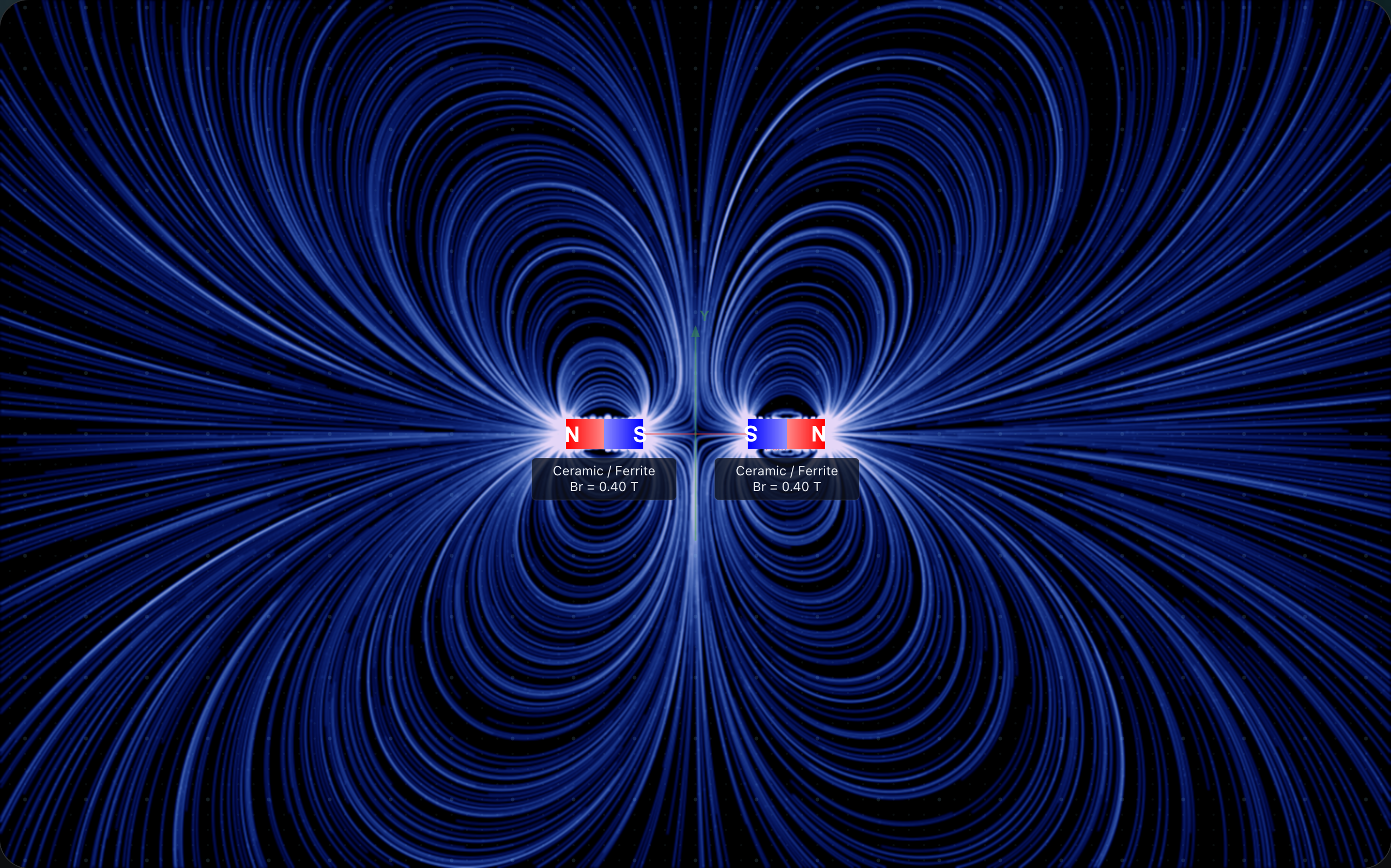 Two collinear bar magnets with like poles facing each other — field lines bulge outward demonstrating repulsion.